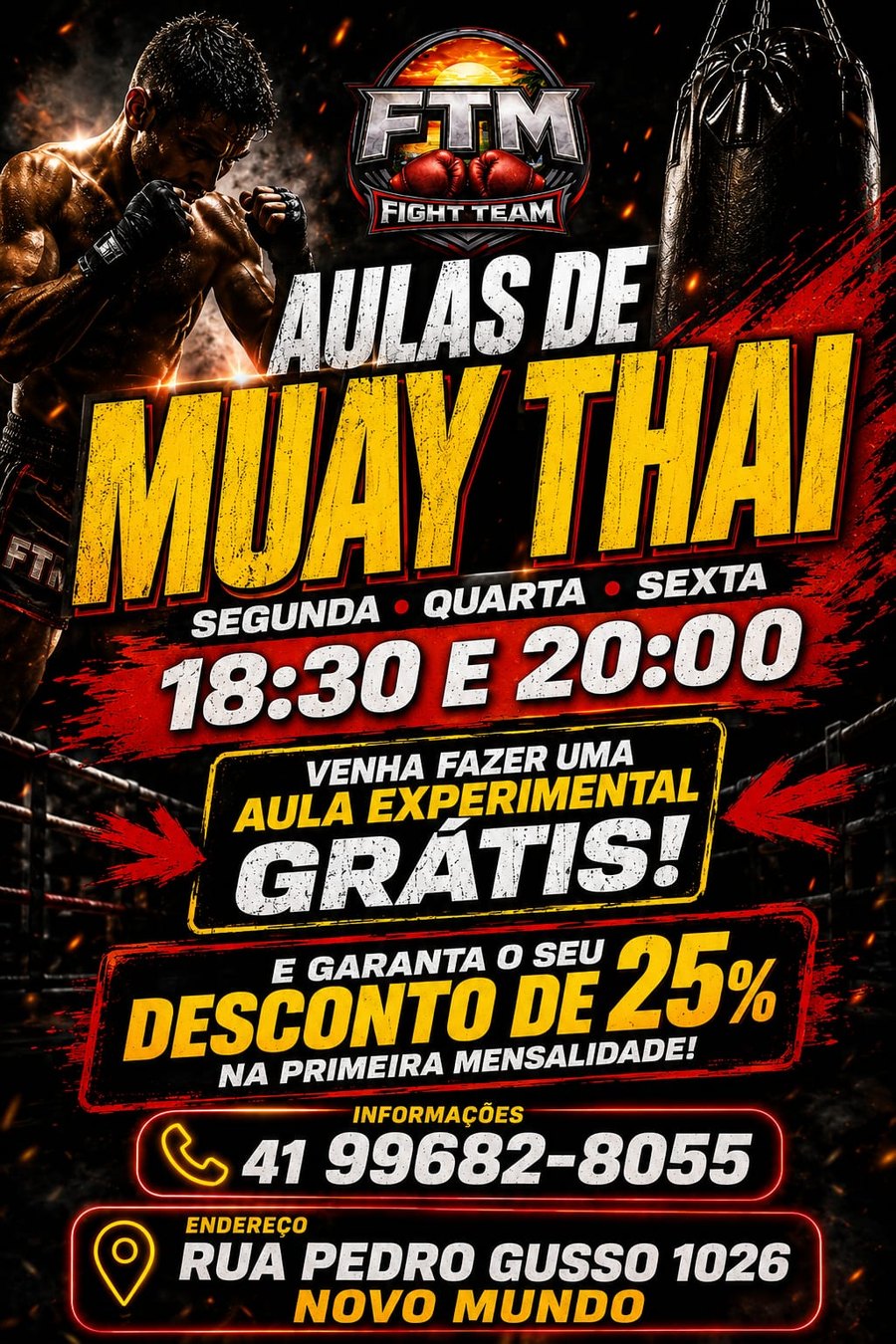 Flyer FTM Fight Team — aulas de Muay Thai, aula experimental grátis